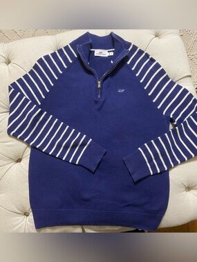 Vineyard Vines Navy Quarter-Zip Sweater with White Striped Sleeves